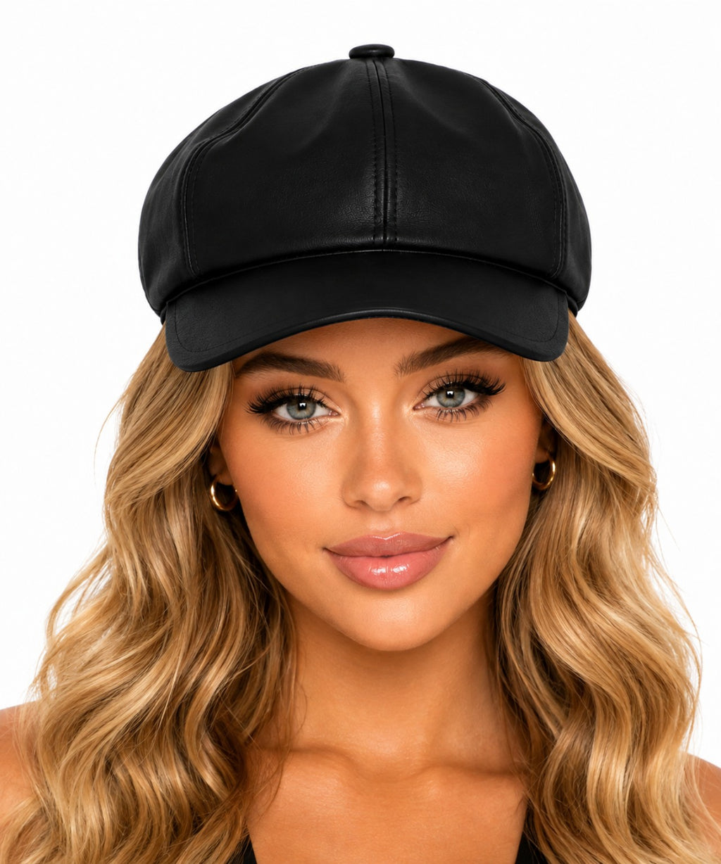 Black Arielle Faux Leather Newsboy Hat
