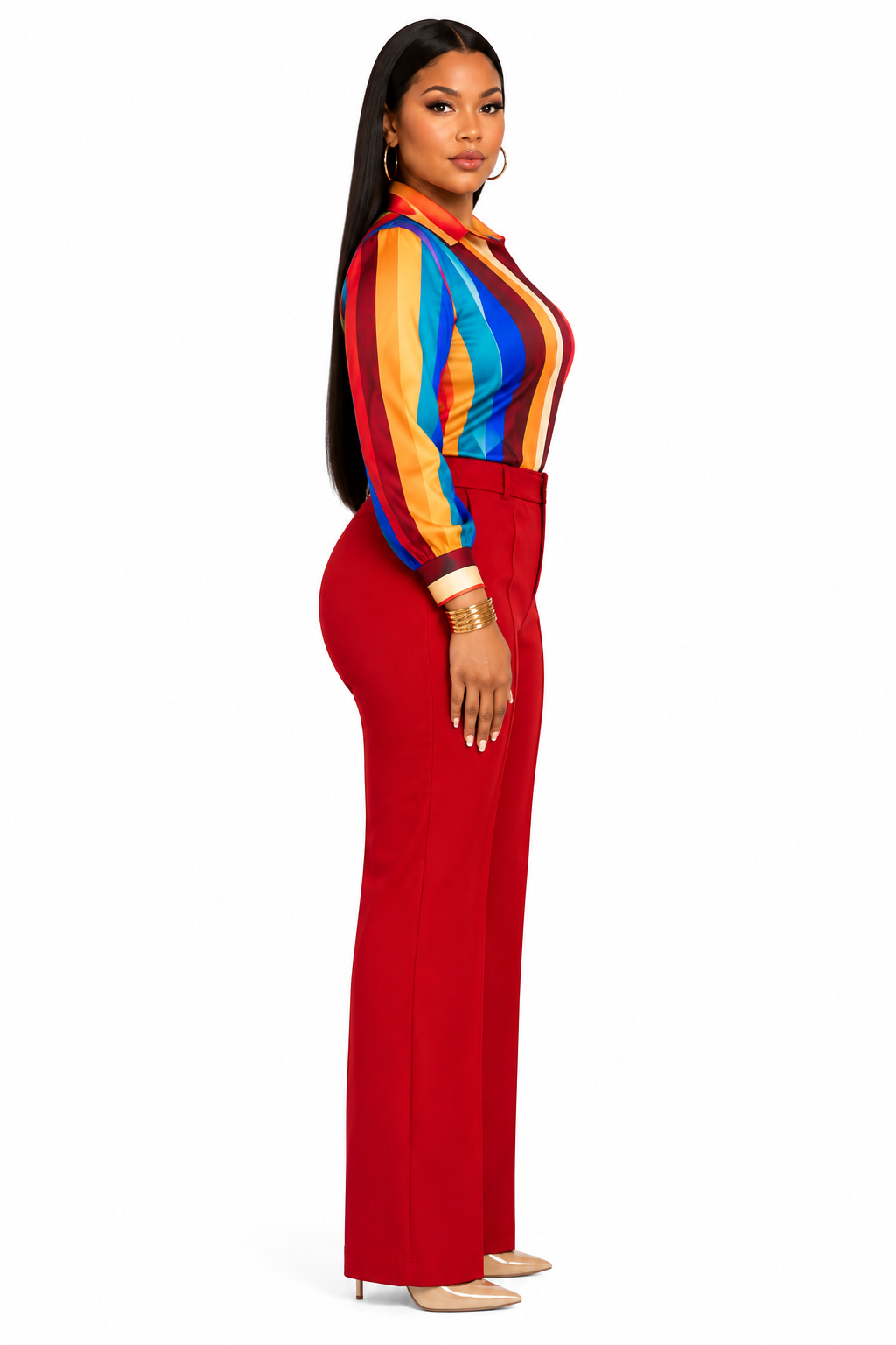 Multicolor Blair Collared Top & Red Ophelia High Waist Leg Pants Curated Look
