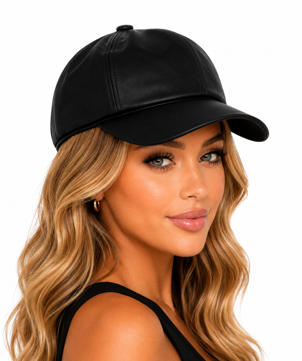 Black Arielle Faux Leather Newsboy Hat