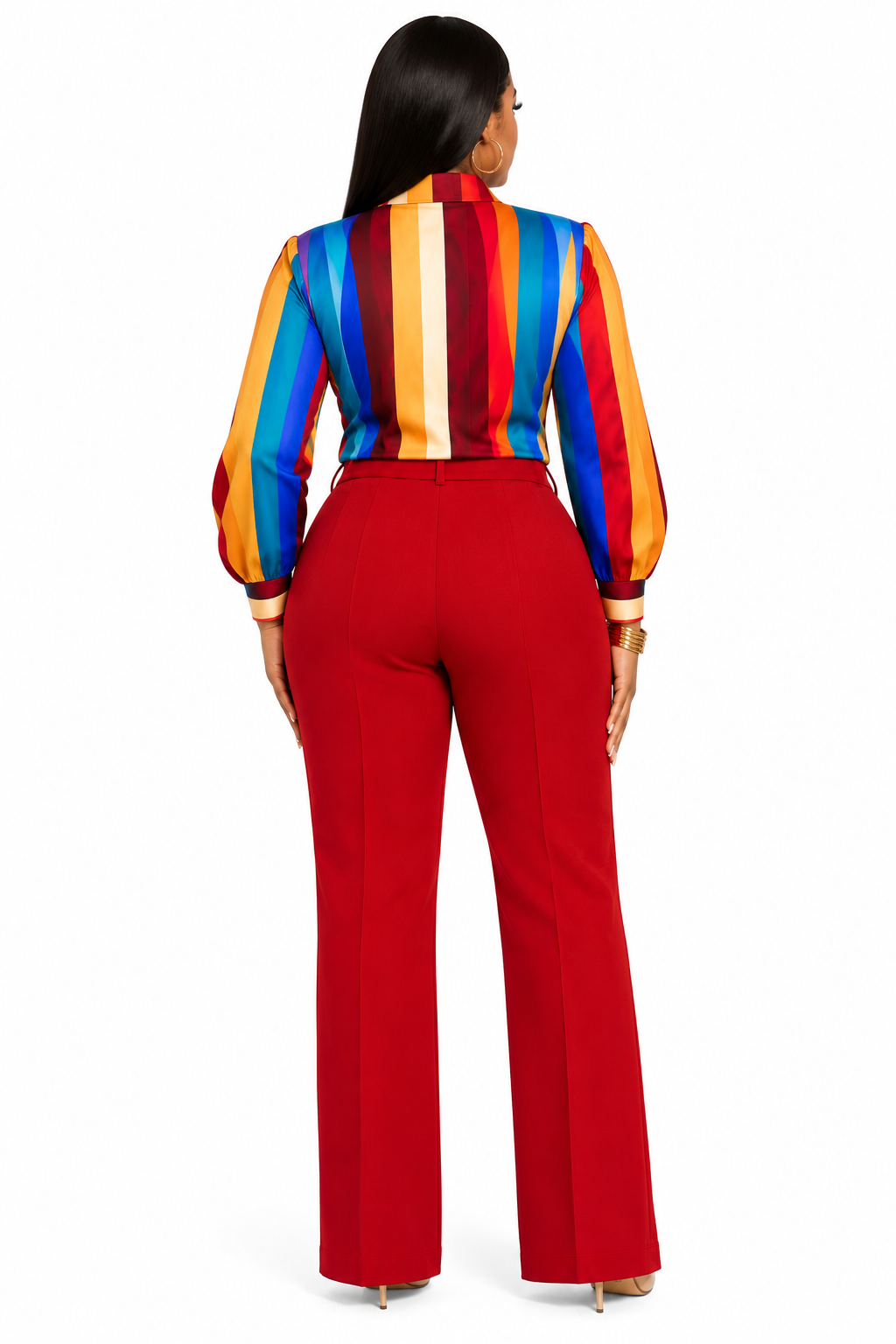 Multicolor Blair Collared Top & Red Ophelia High Waist Leg Pants Curated Look