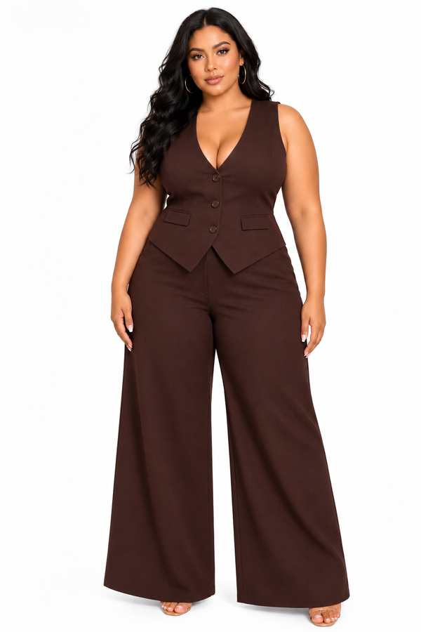 Chocolate Brown Taylor Plus Size Vest & Pant 2 Pieces Set