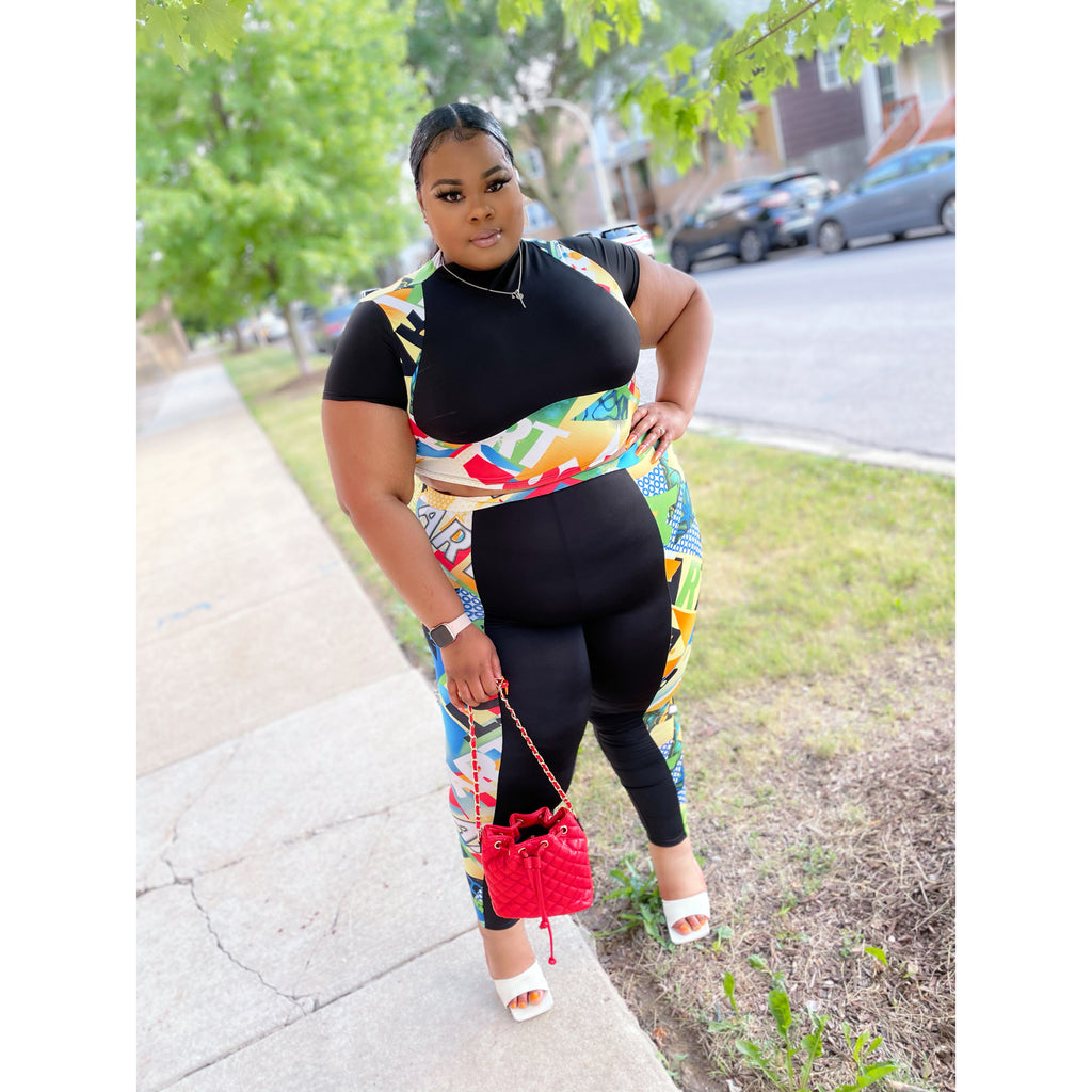 Black Multi color + Size 2pc pants Set